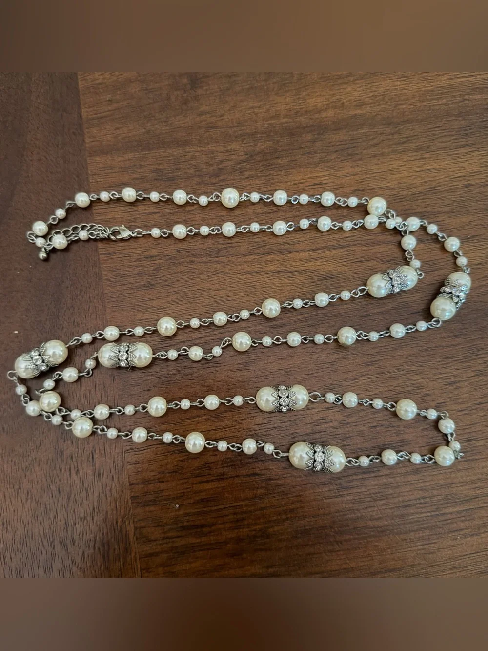 Vintage 48” Faux Pearl Station Necklace Silver Tone Rhinestone long